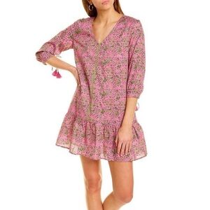 Celina Moon Pink & Green Floral Print Tassels Relaxed‎ Fit Mini Dress Medium